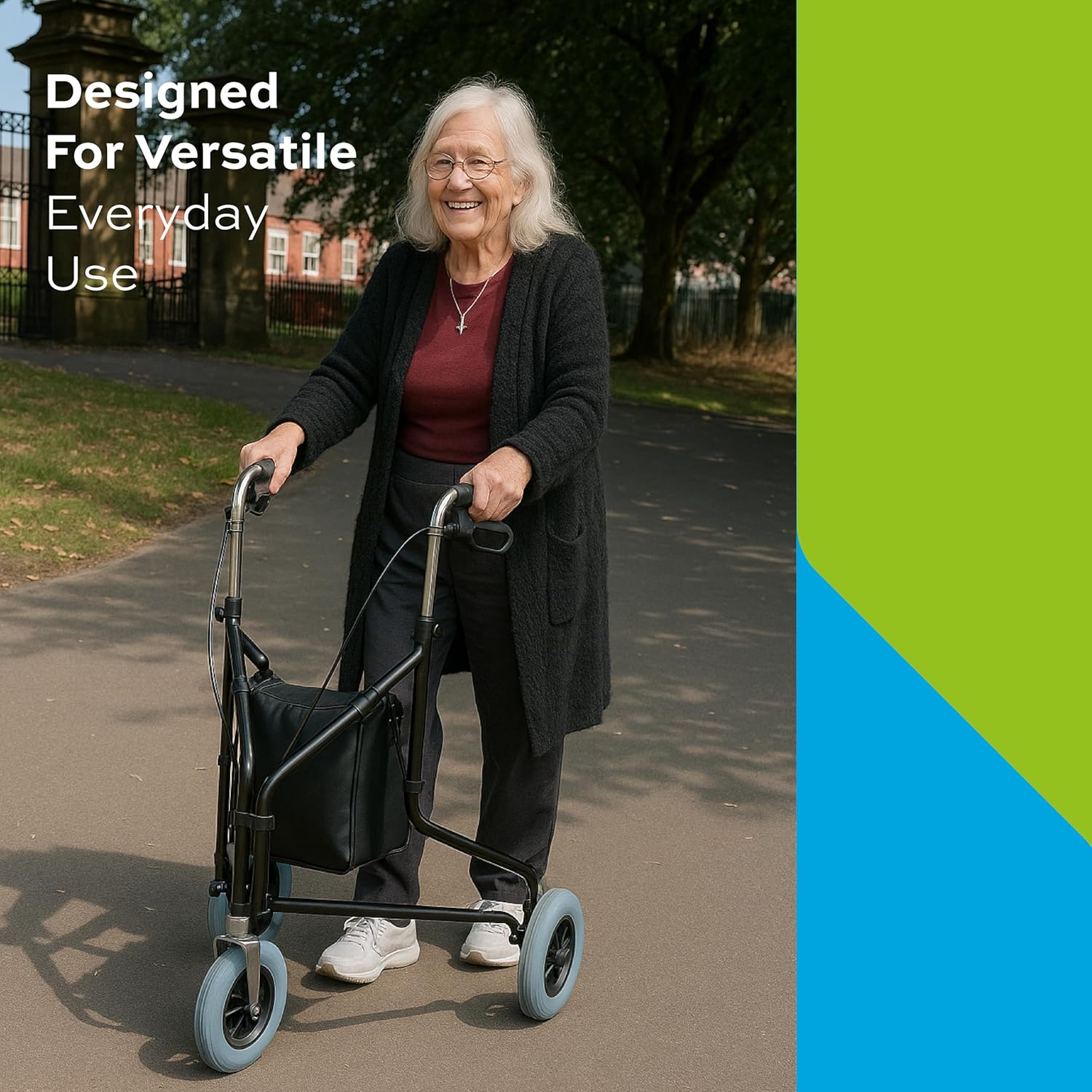 Lightweight Three Wheeled Folding Rollator with Seat & Bag