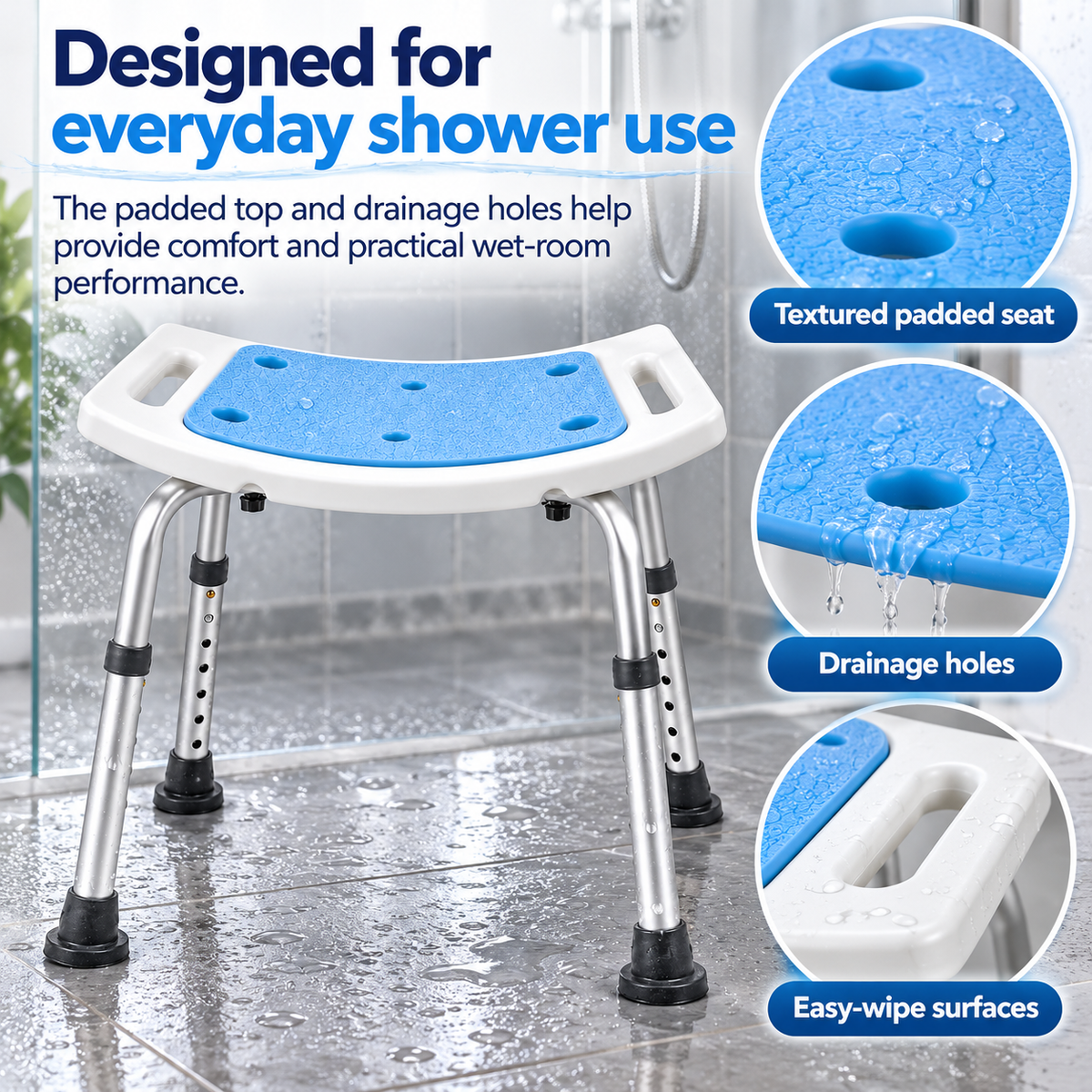 Height Adjustable Padded Shower Stool with Handles