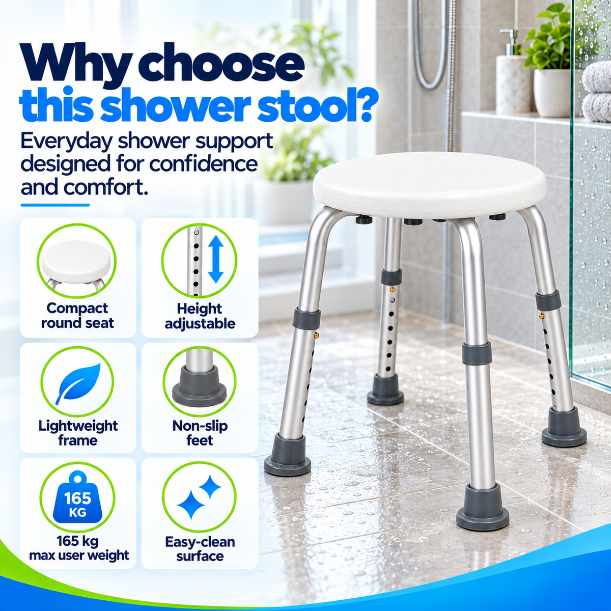 Height Adjustable Small Round Shower Stool