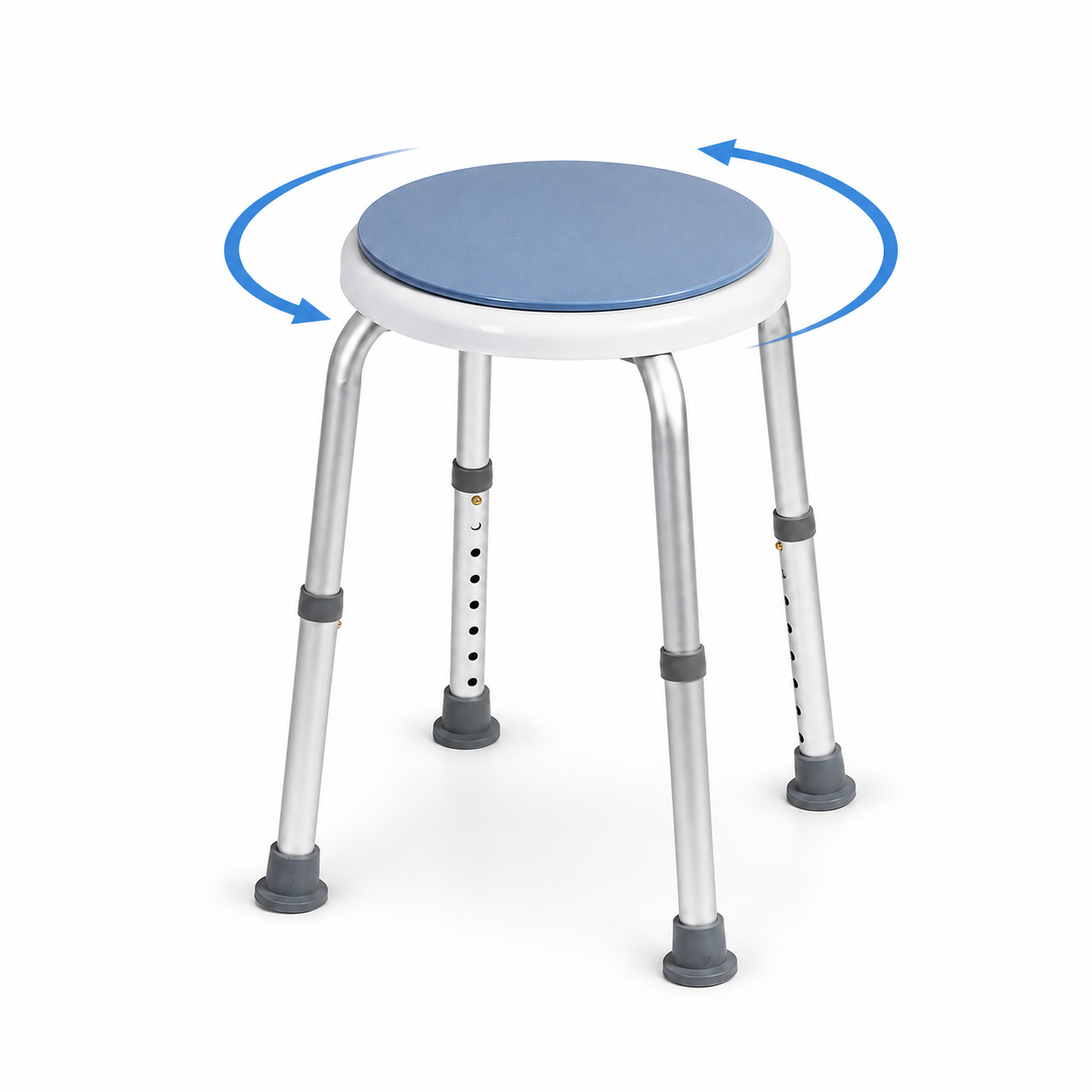 Height adjustable swivel shower stool with rotating blue seat and non-slip rubber feet