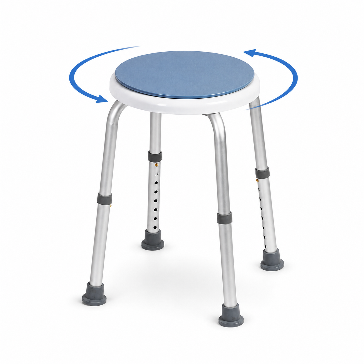 Height adjustable swivel shower stool with blue rotating seat and non-slip rubber feet.