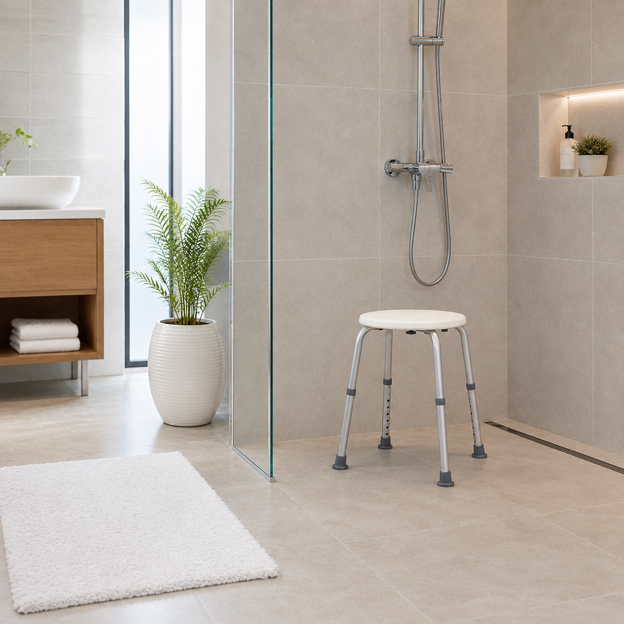 Adjustable bathroom stool with wide rubber feet for improved grip on wet floors