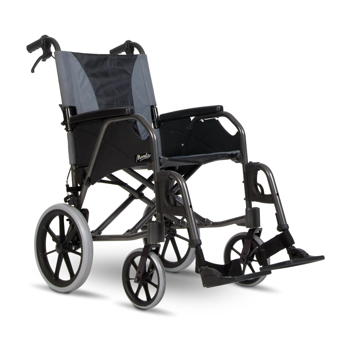 Black wheelchair with gray seat cover on a white background