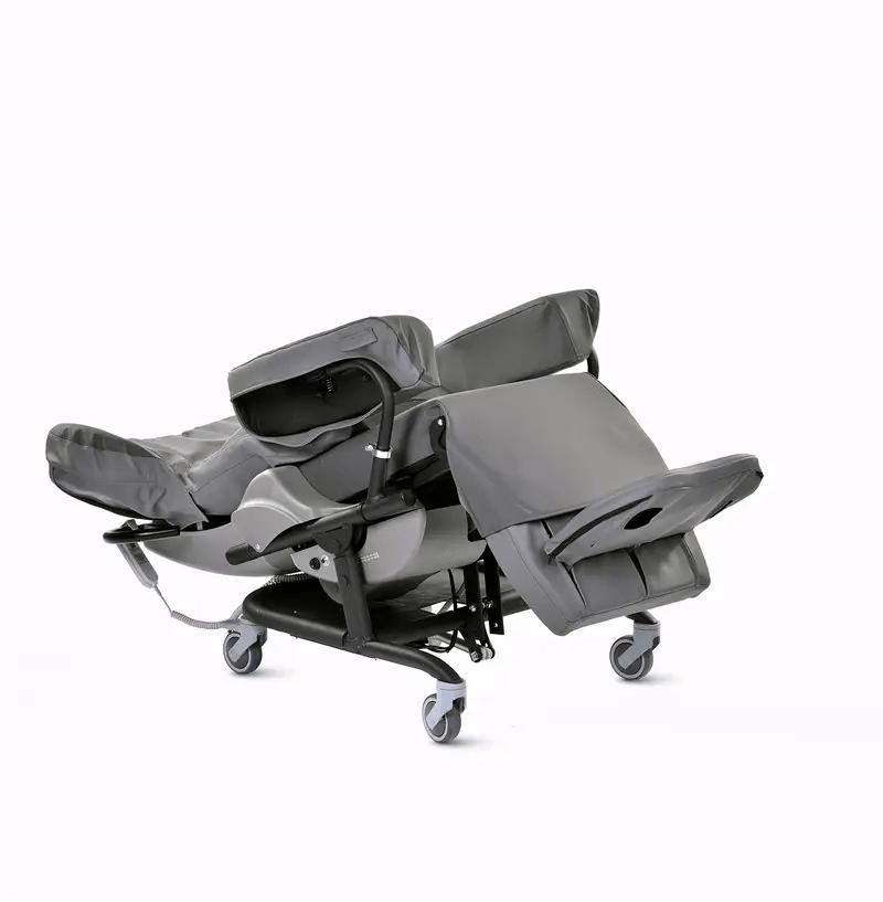 Gray reclining seat with wheels on a white background