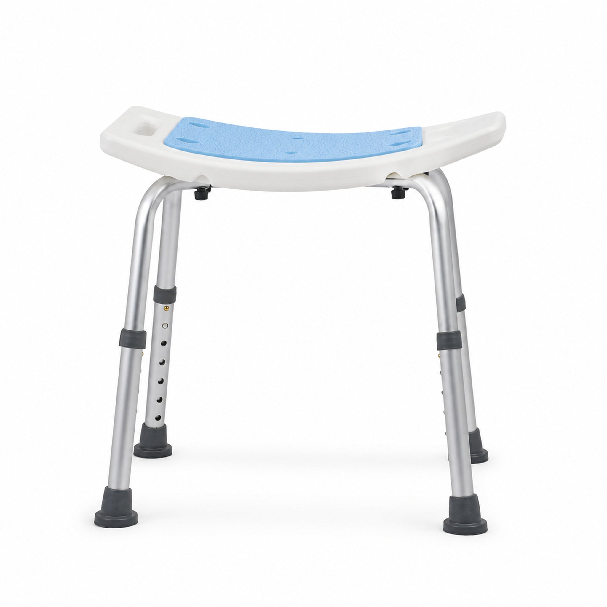 Curved blue shower seat with adjustable legs for bathroom support