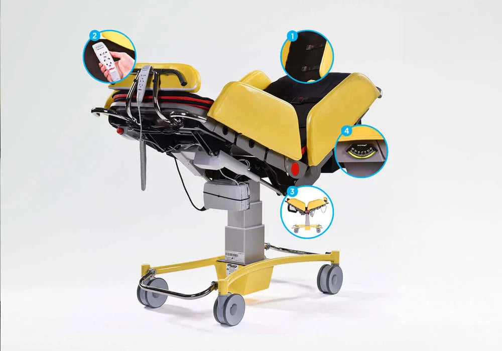 Yellow and black acheeva with wheels on a white background