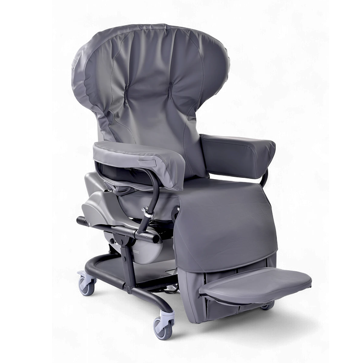 Gray recliner chair with adjustable headrest on a white background