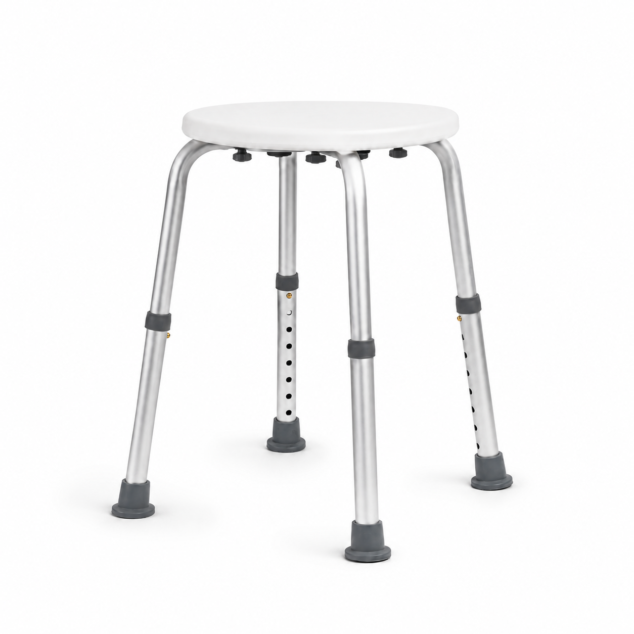 White round shower stool shown in a modern bathroom shower setting