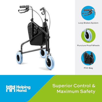Lightweight Three Wheeled Folding Rollator with Seat & Bag