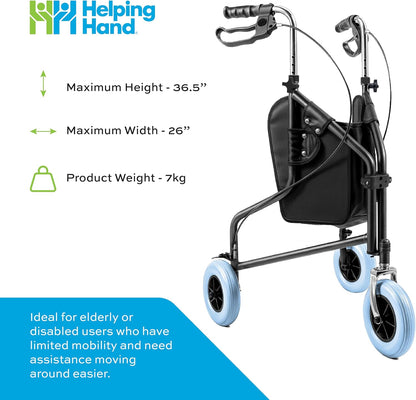 Lightweight Three Wheeled Folding Rollator with Seat & Bag