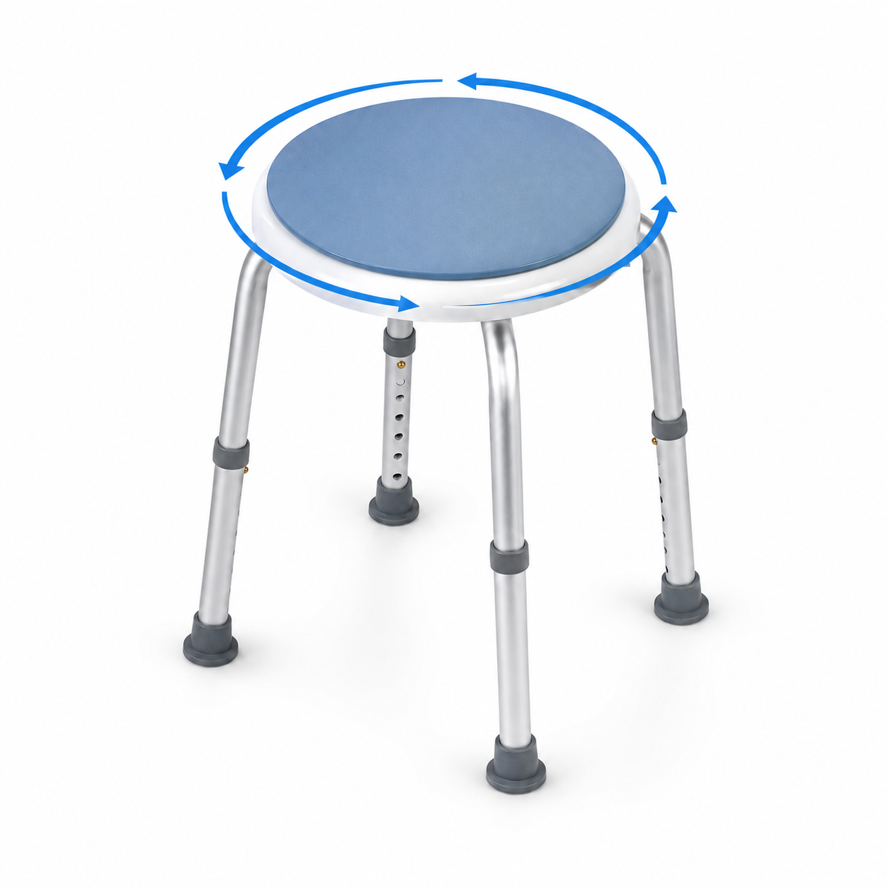 Height adjustable swivel shower stool with rotating blue seat and non-slip rubber feet