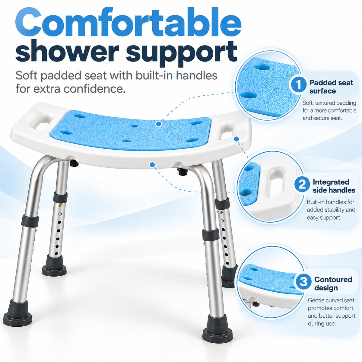 Height Adjustable Padded Shower Stool with Handles