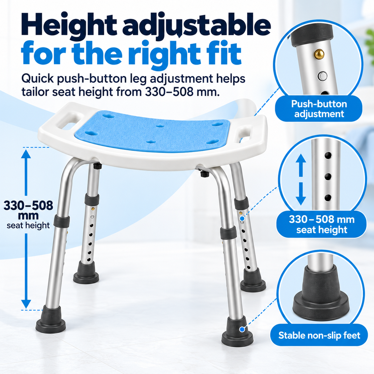 Height Adjustable Padded Shower Stool with Handles