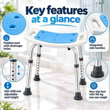 Height Adjustable Padded Shower Stool with Handles