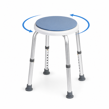Height adjustable swivel shower stool with rotating blue seat and non-slip rubber feet