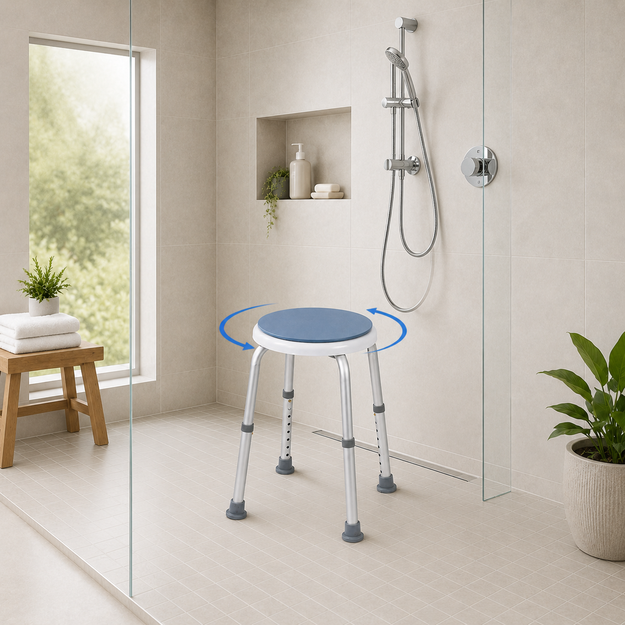 Height adjustable swivel shower stool with blue rotating seat and non-slip rubber feet.