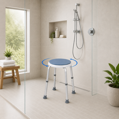 Height adjustable swivel shower stool with blue rotating seat and non-slip rubber feet.