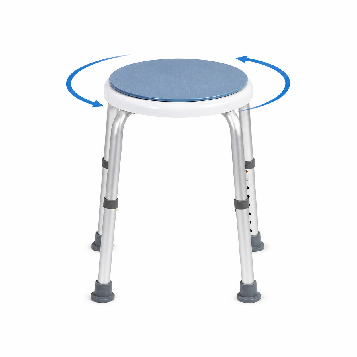 Height adjustable swivel shower stool with rotating blue seat and non-slip rubber feet