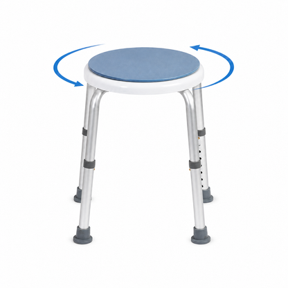 Height adjustable swivel shower stool with rotating blue seat and non-slip rubber feet