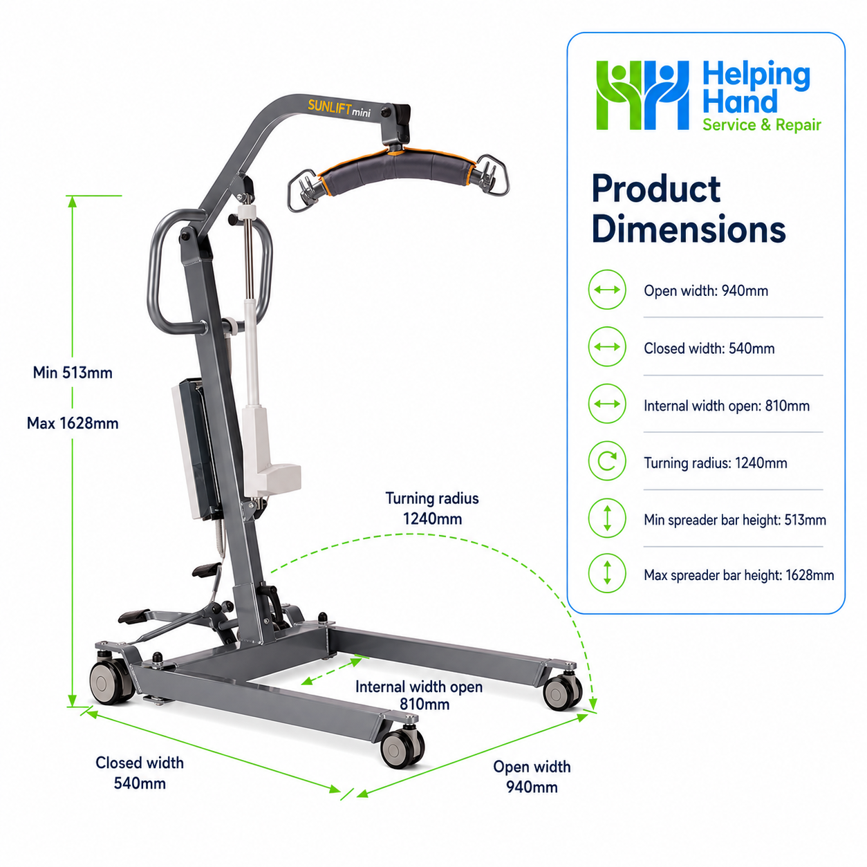 Specification graphic for the Sunlift Mini showing safe working load, length, width, maximum height and minimum height.