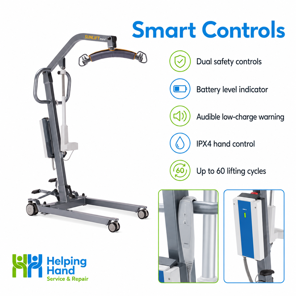 Lifestyle image showing the Sunlift Mini Mobile Hoist being used in a home care bedroom by a carer assisting an elderly person with a supported transfer.