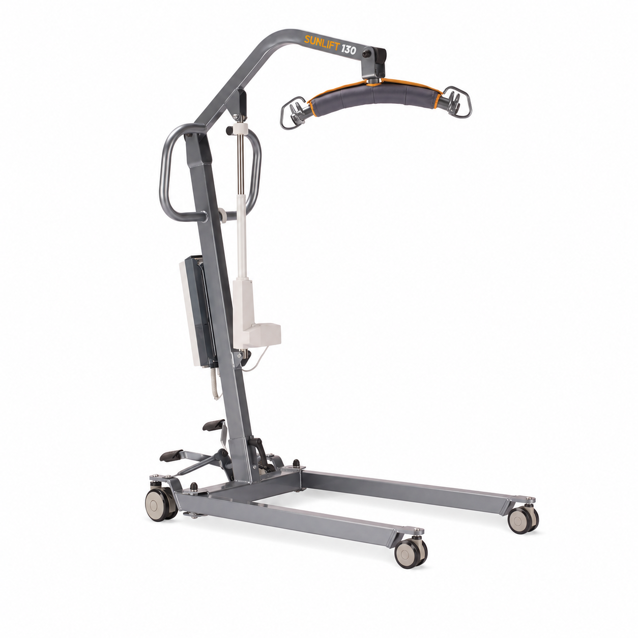 Clean product image of the Sunlift Mini Mobile Hoist shown on a white background, highlighting the full frame, castors, lifting arm and spreader bar.