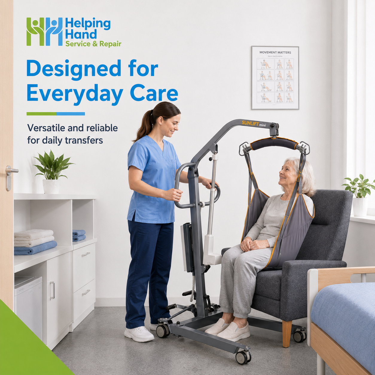 Infographic showing the Sunlift Mini’s manoeuvrability features, including ergonomic push handles, pedal-operated leg opening, 75mm castors, 100mm rear wheels and 20mm ground clearance.