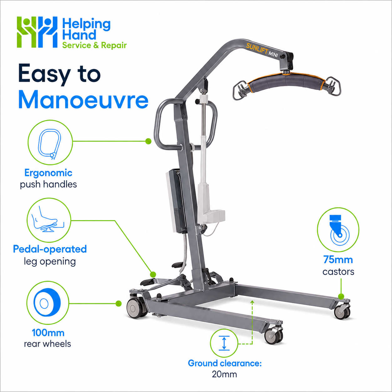 Care environment image showing the Sunlift Mini positioned beside a chair, designed to show daily transfer use in care homes, day centres or home care settings.