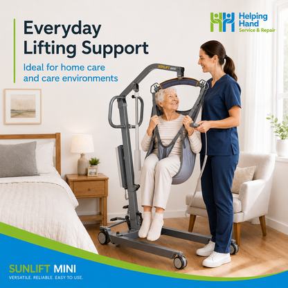 Product dimensions graphic showing the Sunlift Mini’s open width, closed width, internal width, turning radius and spreader bar height range.