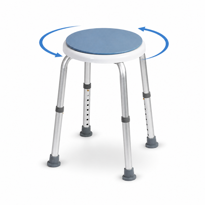 Height adjustable swivel shower stool with rotating blue seat and non-slip rubber feet