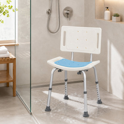 Accessible shower chair with blue seat panel and stable four-leg frame