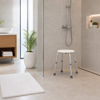 Adjustable bathroom stool with wide rubber feet for improved grip on wet floors