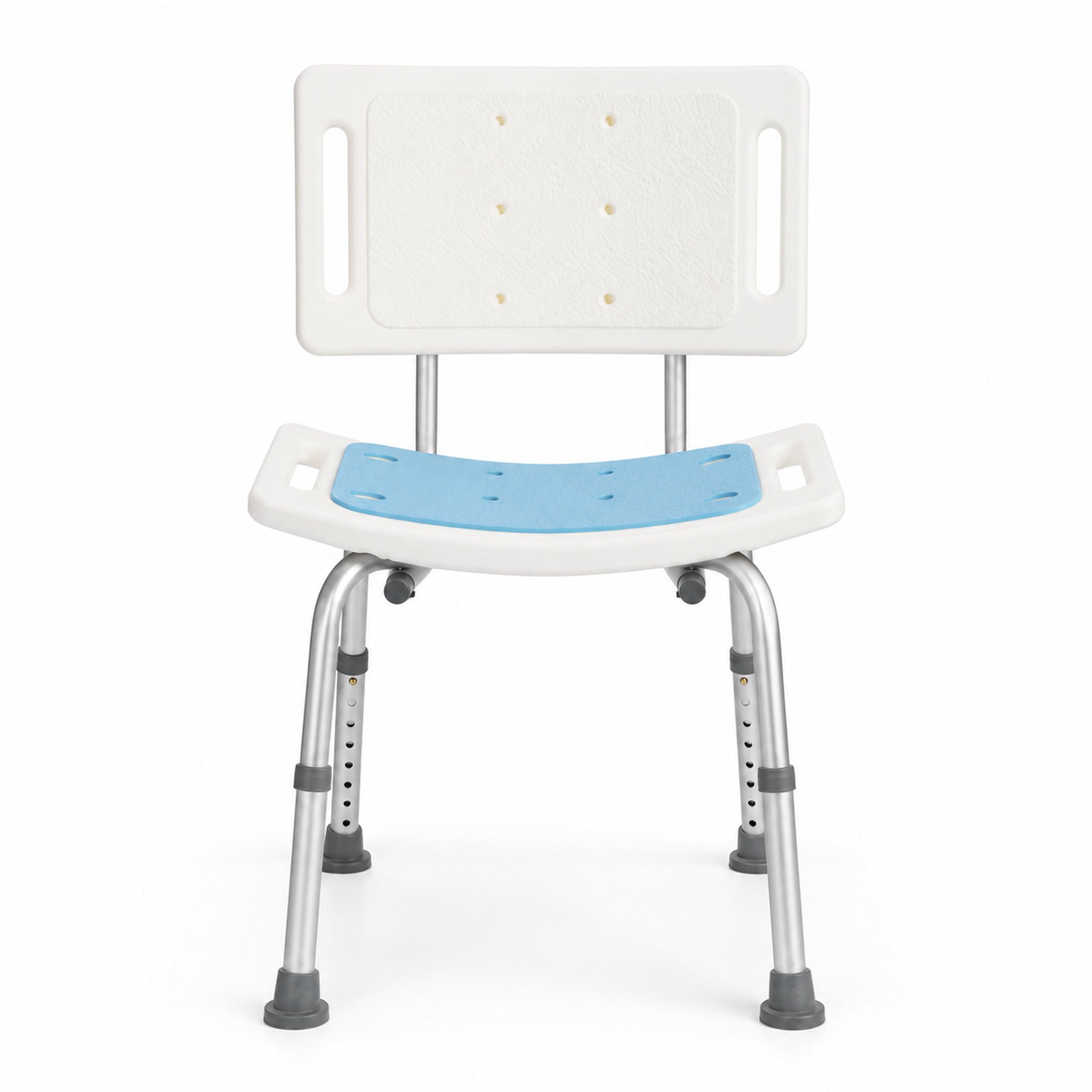 Adjustable height bathroom chair with blue seat and white backrest
