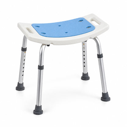 Blue curved bathroom shower seat designed to support safer washing