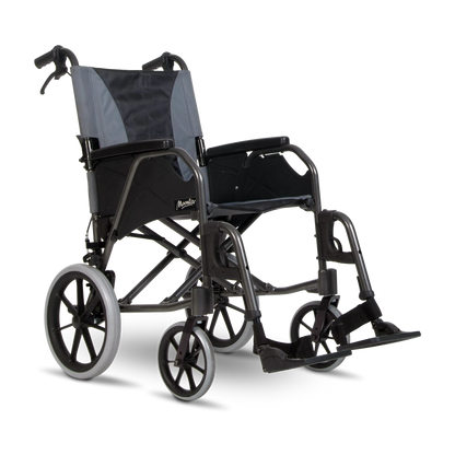 Black wheelchair with gray seat cover on a white background