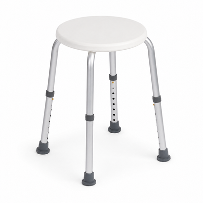 Compact round shower stool with adjustable legs for shower cubicles and wet rooms
