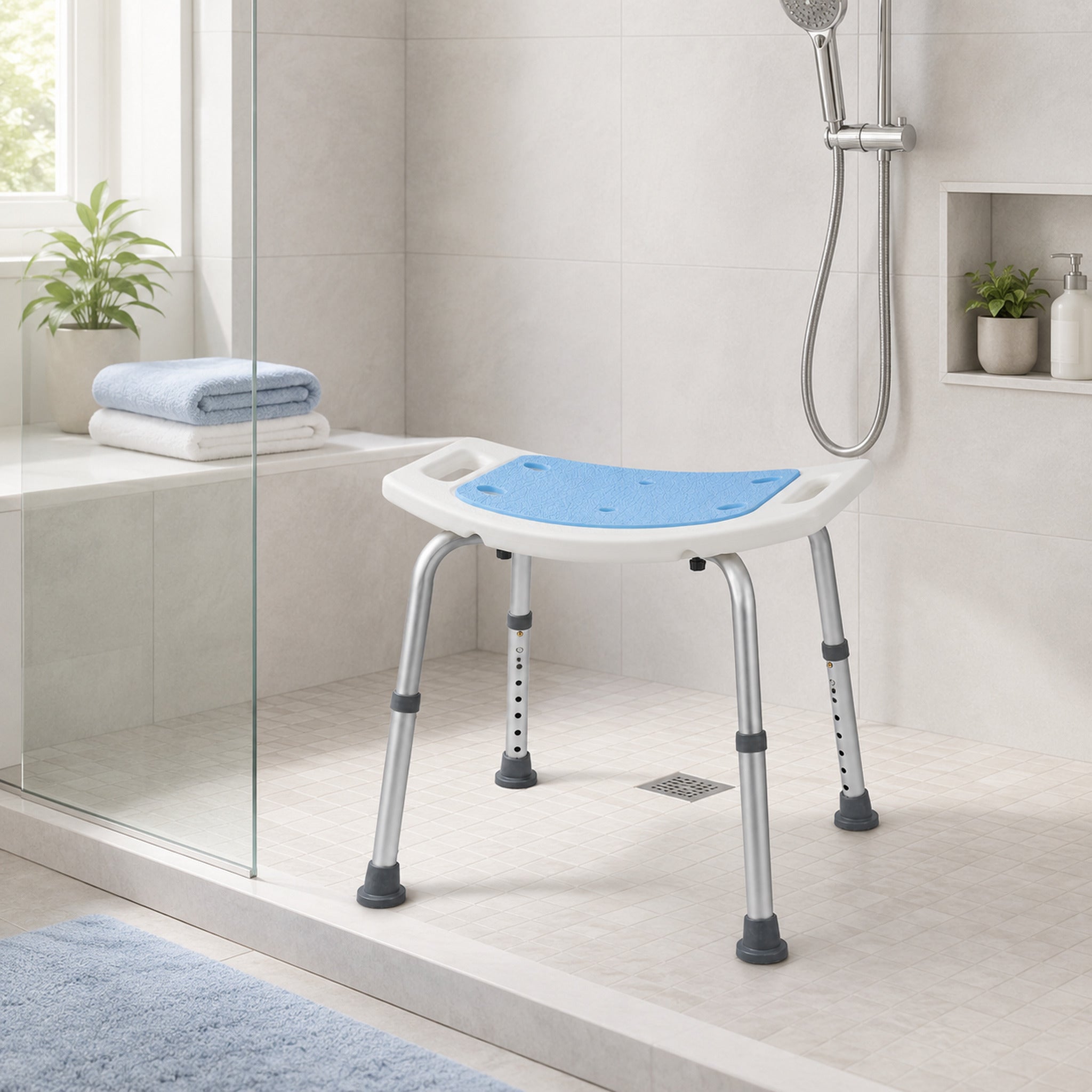 Compact washroom seat for safer showering in small bathroom spaces