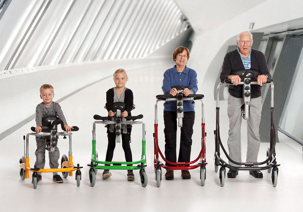 Adults and kids using the Meywalk walker brake system. 