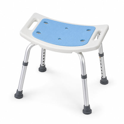 Easy clean shower stool with textured blue seat and drainage holes