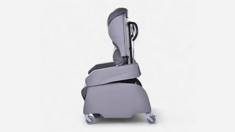 A grey reclining seat on a white background