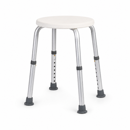 Height adjustable shower stool with white round seat and non-slip rubber feet