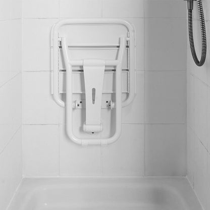 White shower seat mounted on a tiled bathroom wall.