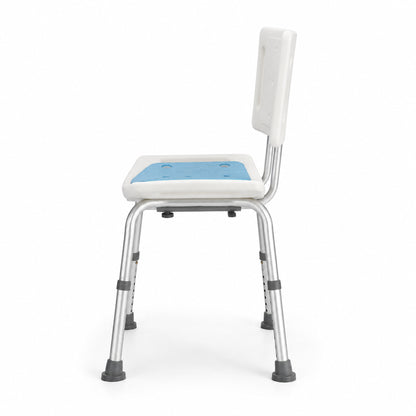 Rear view of bathroom chair with rubber ferrules and adjustable legs