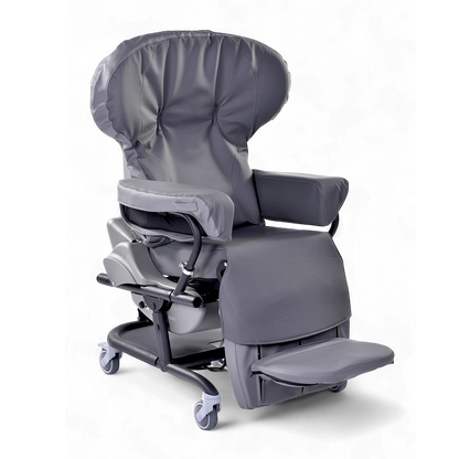 Gray recliner chair with adjustable headrest on a white background