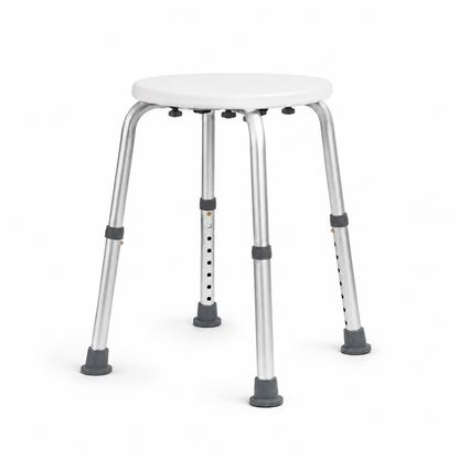 White round shower stool shown in a modern bathroom shower setting